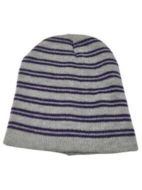 Knit Beanie Striped Light Gray Purple Hat Soft Lightweight One Size Fits Most